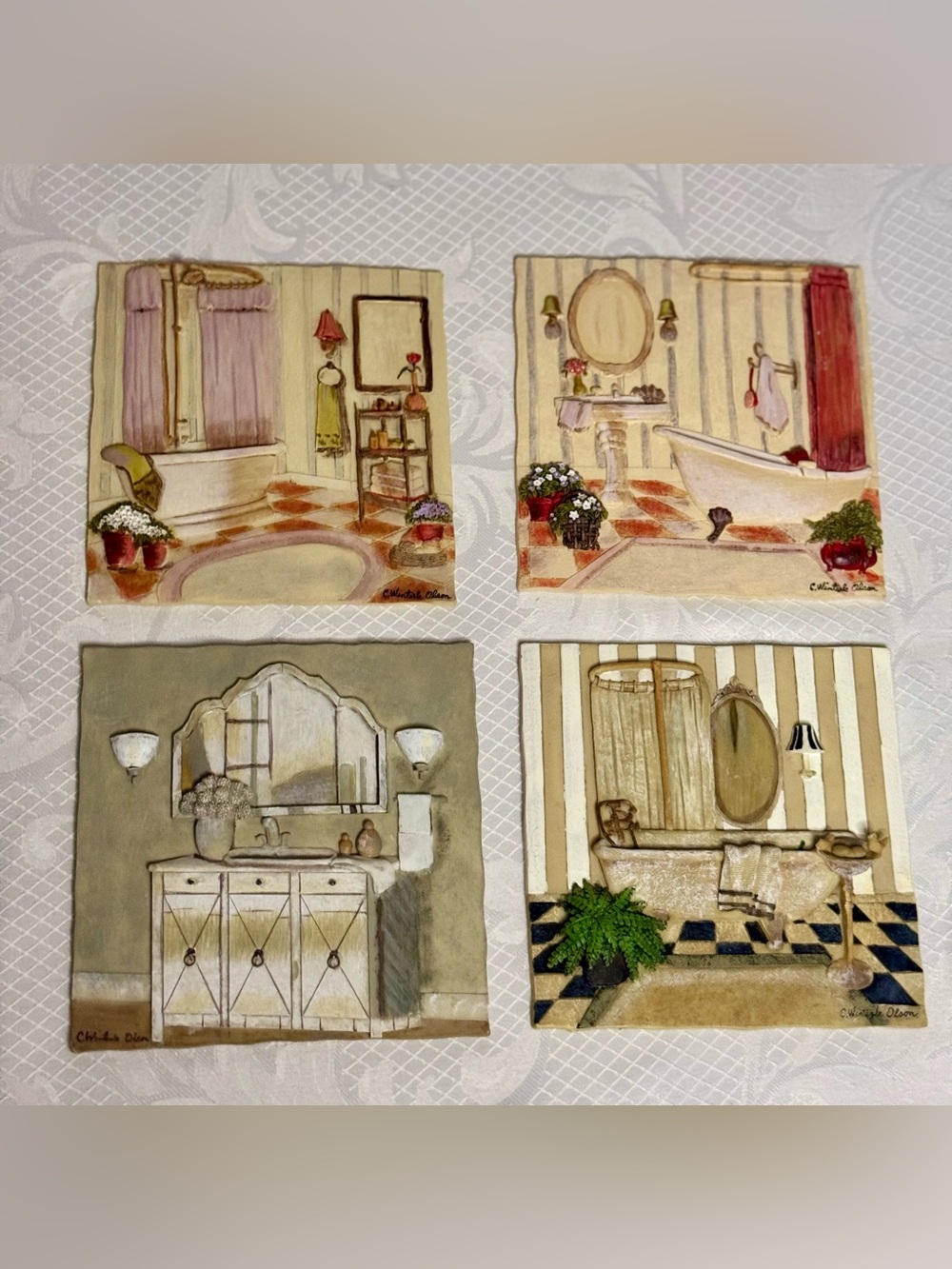 Set of 4 C. Winifred Olson Bathroom Wall Art Plaques – Vintage Textured Décor